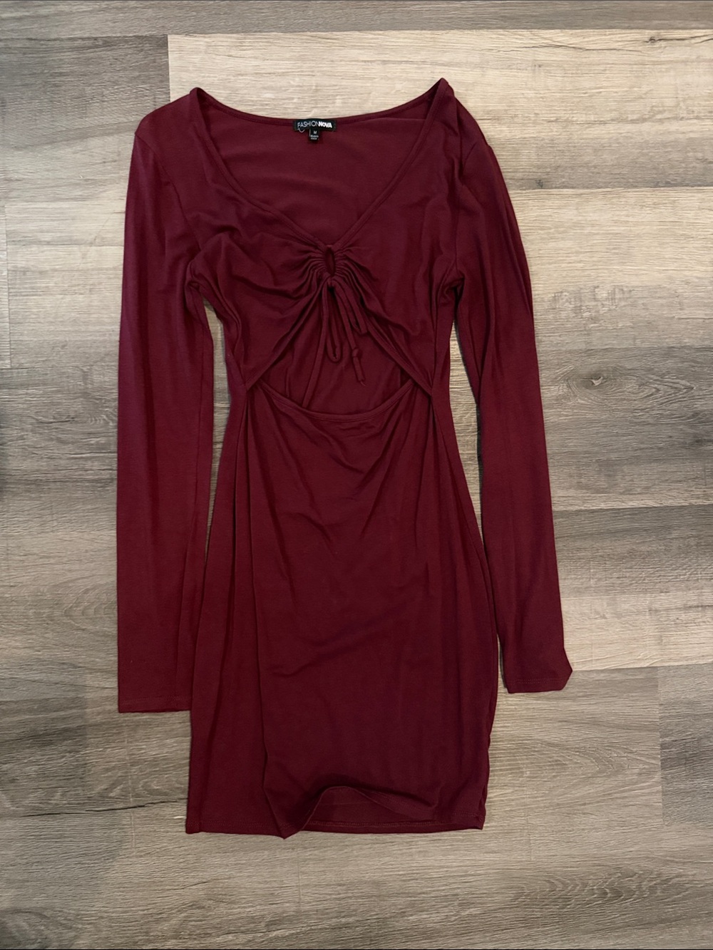 Fashion Nova Ruched Long Sleeve Mini Dress in Burgundy Size Medium